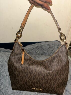 Michael Kors Brown Monogram Hobo with Tan Strap and Gold Hardware
